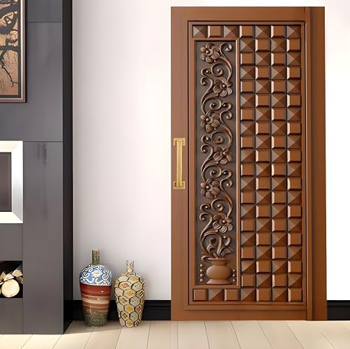 Image of MDF Wooden with HDMR Waterproof Wooden Made Fancy Gate for Your Home and Kitchen Front Door with Unique and Stylish Design Hand Carved Size 39x81 Inch Thickness 1.5 Inch Brown