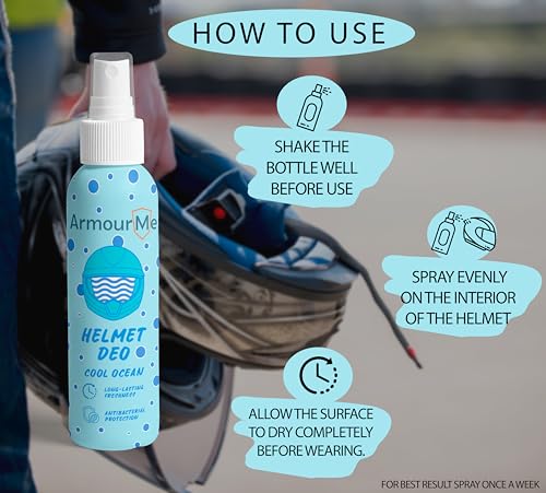Image of ArmourMe Helmet Deodorizer Spray | Long-Lasting Freshness Upto 7 Days | Nano tech Spray | Eliminates Odor | Perfect for Bikers, Athletes, & Workers (Cool Ocean, 120 ML)