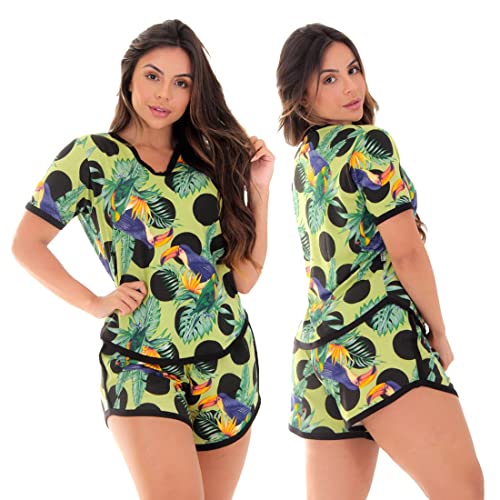 Pijama Fadinha Tecido Refrescante Short Cós Alto Click Mais Bonita (GG, Tropical)