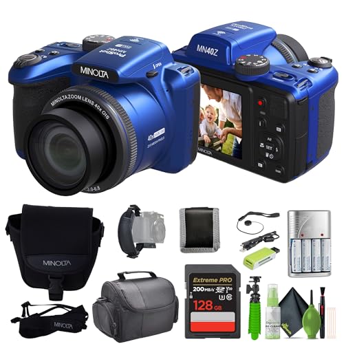 MINOLTA MN40Z 20 Mega Pixels 40x Optical Zoom Digital Camera with 1080p FHD Video, Blue, Bundle with 64GB Memory Card + Vlogging Tripod + 4xAA Battery with Charger + More Accessories