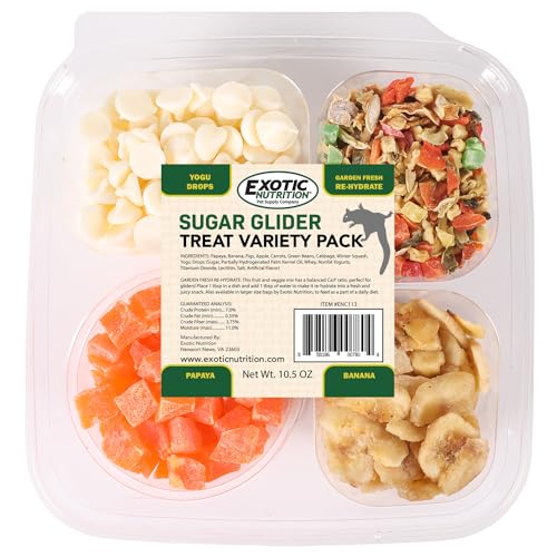 Exotic Nutrition Sugar Glider Treat Variety Pack (9.5 oz.) - Healthy Natural Sugar Glider Treat Assortment - Yogu Drops, Mango, Garden Fresh Re-Hydrate, and Banana - Sampler Variety Value Package
