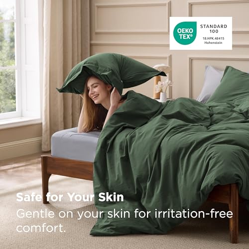 Image of Bedsure 100% Washed Cotton Duvet Cover Full Size - Olive Green Minimalist Bedding Set Linen Like - PureWoven Plain Simple & Soft Comforter Cover for All Seasons (Olive Green, Full, 80 inchx90 inch)