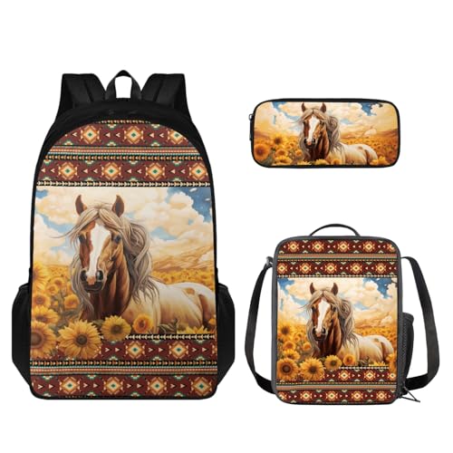 Set zaino scuola per bambini borsa a tracolla con termica per il pranzo tote box astuccio 3 in 1 Cavallo occidentale azteco Set di zaini per la