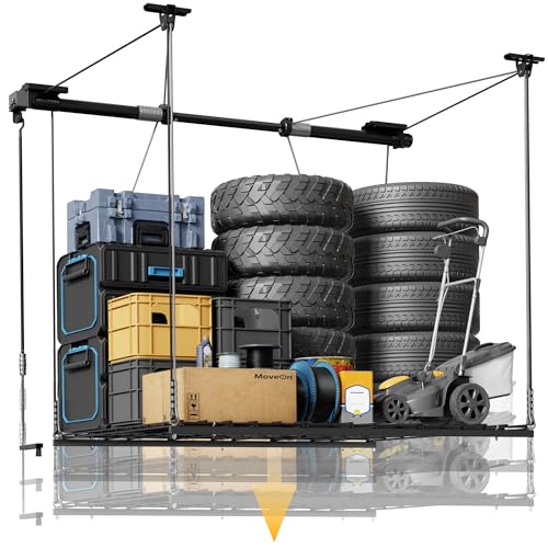 FLEXIMOUNTS Garage Ceiling Lifting Storage Rack, 4×4 Ft Heavy-Duty Metal Frame, Overhead Storage System With 350lbs Load Capacity, Matt Black