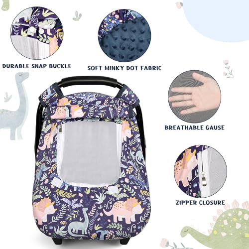 Image of Pea Pod Car Seat Cover Baby, Infant Car Seat Canopy Covers for Newborn with 2 Layers Windows of Breathable Mesh Fabric, Lightweight Polyester /Soft Minky Dot Backing (Dinosaur)
