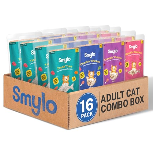 Image of Smylo Natural Healthy Adult Cat Wet Food (1+ Yrs) 70g x 16 Packs | Variety Combo of Chicken, Tuna, Mackerel and Chicken & Tuna Recipes | Grain Free, No Preservatives & By-Products | Vet-Formulated