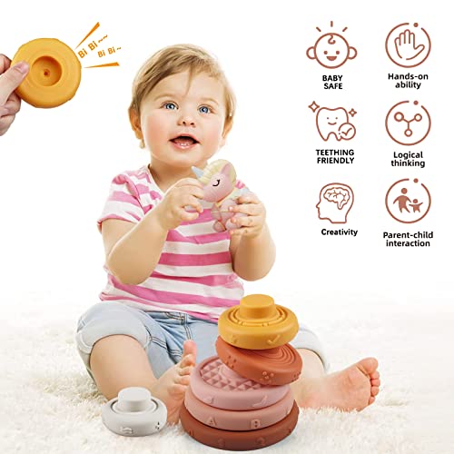 Stacking & Nesting Baby Toys 7 Pcs, Montessori Toys For Babies Squeeze Stacker & Teething Toys, Soft Building Rings With Pink Unicorn, Early Learning Toys For 6 12 18 Months Baby Toddler Boys Girls #TOP1