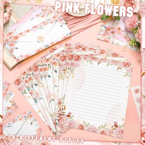 Image of TaoBary 160 Pcs Stationery Paper Set 50 Double Sided Stationery Papers with 50 Matching Envelopes and 60 Round Dot Sticker, 10 Design(Floral,8.5 x 11 Inch)