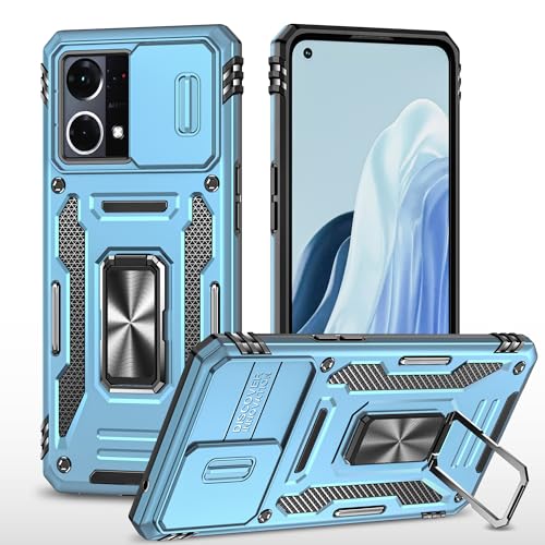 Image of Slide Camera Cover with Ring Holder Mobile Phone Case Cover for Oppo Reno 7 / Reno 7 4G (Blue)