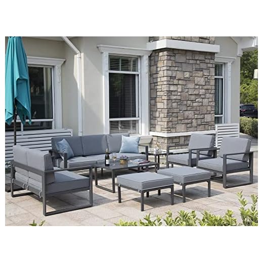 Green4ever Aluminum Patio Furniture Set, 8 Pieces Outdoor Conversation Set All-Weather Modern Metal Couch Outdoor Sectional Sofa with Ottomans and Coffee Table (Grey)