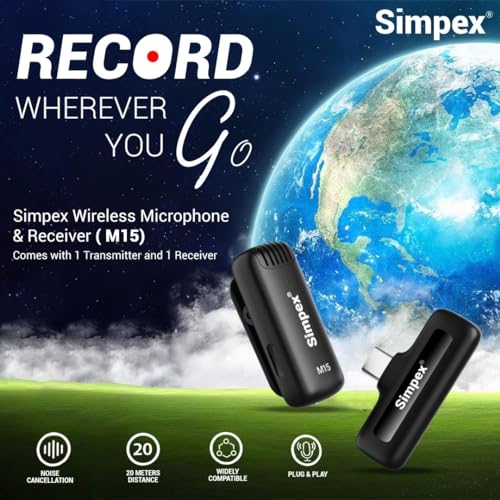 Image of Simpex M15 Wireless Microphone & Receiver with Type C, Noise Cancellation, Mic Suitable for Vlog You Tube Live Streaming Video Recording and More.