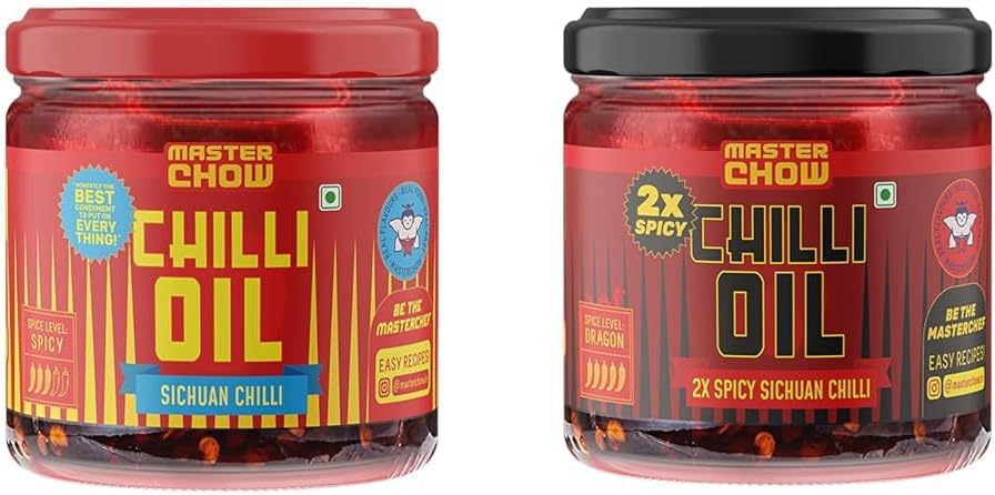 Combo of Mild Chilli Oil Sauce and Double Trouble 2X Spicy Sichuan Chilly Oil Sauce|Made with Sichuan Peppercorns, Crunchy Garlic & Red Chilies | Eat With Momos, Pizza, Noodles (340 ml)