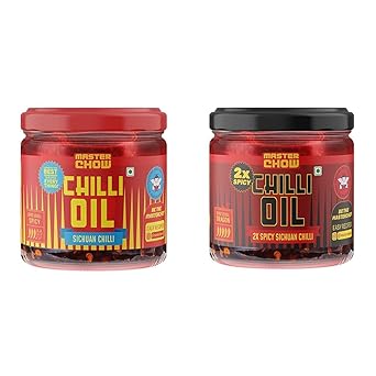 MasterChow Combo of Mild Chilli Oil Sauce and Double Trouble 2X Spicy Sichuan Chilly Oil Sauce|Made with Sichuan Peppercorns, Crunchy Garlic & Red Chilies | Eat With Momos, Pizza, Noodles (340 ml) - image, photos