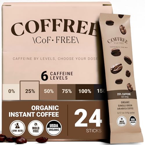 COFFREE Organic Instant Coffee Packets - 25% Low Caffeine, Low Acid, Mold Free Coffee Made with Arabica Coffee Beans - Smooth & Balanced Taste - Hot or Cold Single Serve Travel Packets 24 Pack Box