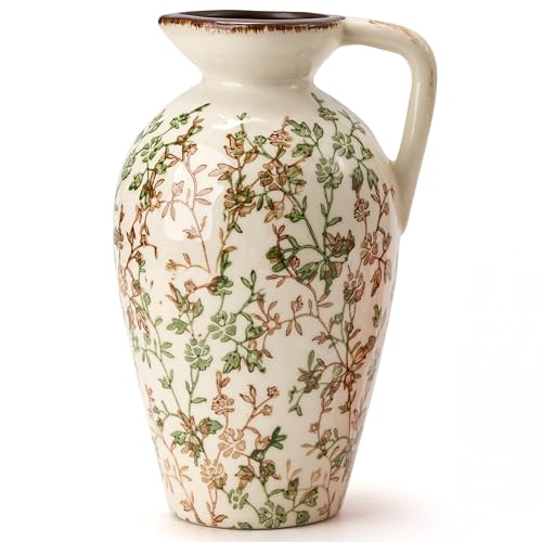 Green and Beige Antique Vase, 8.9 Inch Vintage Chinoiserie Floral