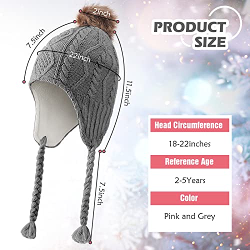 Mepase 2 Pcs Girls Knit Hats Kids Winter Hats For Girls With Ear Flaps Fleece Lining Toddler Girls Warm Hat Baby Girls' Cold Weather Hats And Caps For 2-5T Pink, Grey #TOP2