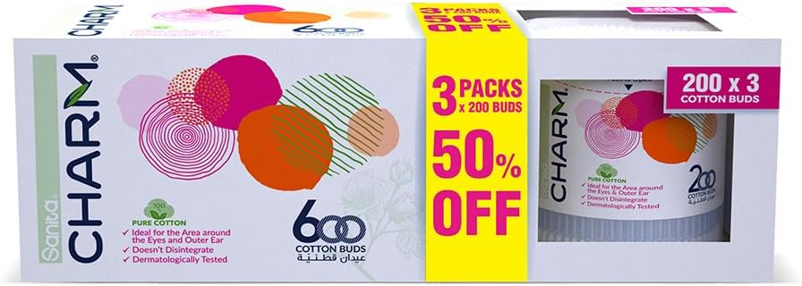 Sanita Charm 100% Cotton Buds, 600 (200×2+1) buds