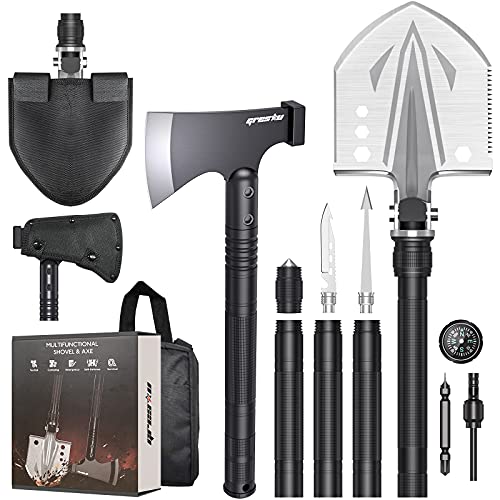 GRESOU Survival Shovel Axe Set, Camping Shovel Multitool High-Carbon Steel Tactical Shovel Axe, 3 Thicken Extension Handles 19-38.7 Inch Camping Survival Kits Gear for Outdoor Camping Hiking Emergency