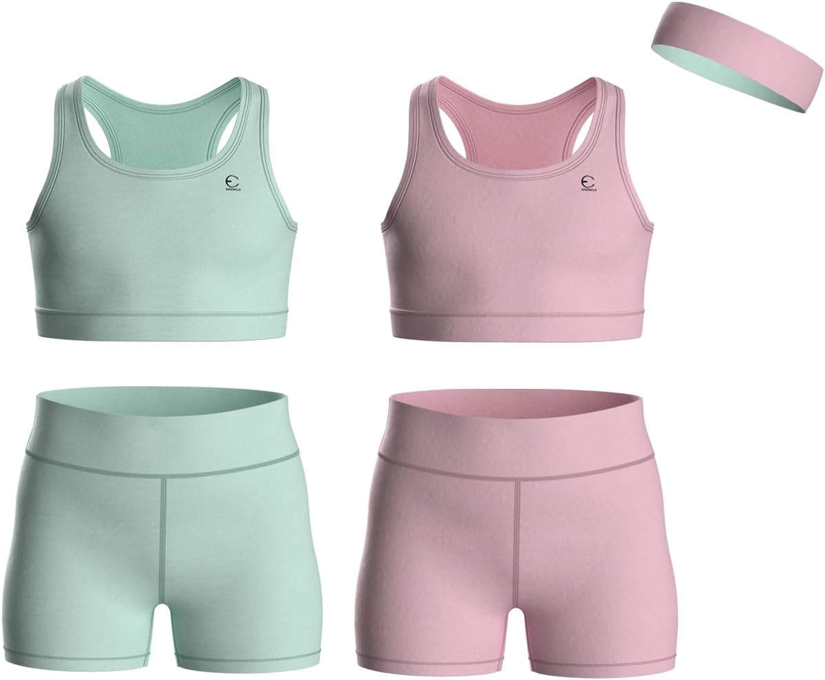 Girls Clothing Athletic Sets Sleeveless Crop Tank Tops & Bike Shorts Cheer, Gymnastics, Volleyball Size 3-16 (5 Pcs)