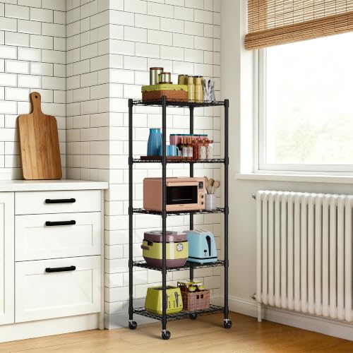 Image of REGILLER 5-Wire Shelving Metal Storage Rack Adjustable Shelves,Standing Storage Shelf Units for Laundry Bathroom Kitchen Pantry Closet(Black,11.8 inch D x 16.6 inch W x 53.5 inch H,With Wheels)