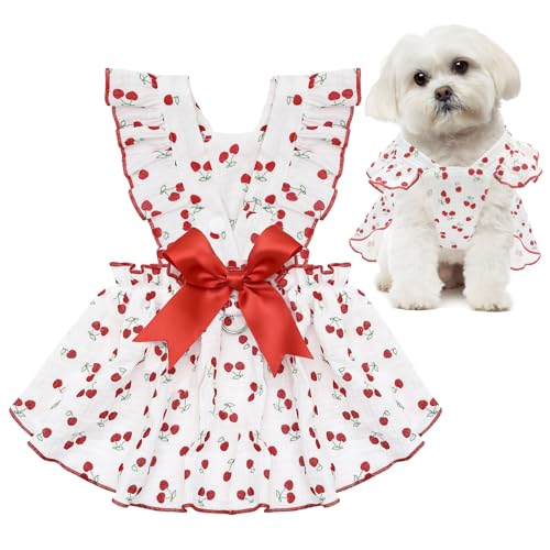 Image of CuteBone Cotton Dog Dress Cherry with Leash Ring & Sleeve Ruffles, Soft & Breathable, Stylish Pet Clothes Outfit for Small Dogs, Comfortable & Easy to Wear CFX01XS