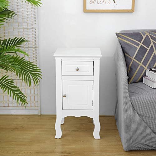 woodluv MDF Bedside Storage Cabinet With a Drawer and Cupboard, Raised Curved Leg, For Bedroom, Hallway - White, 33 x 30 x 63 cm