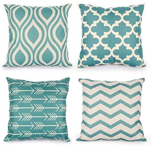 Modern Homes 100% Cotton Aqua Decorative Throw Pillow Case Cushion Covers 18 x 18 (Set of 4)