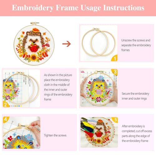 Image of Zhenqing Autumn Animals Cross Stitch Kit - 4-Piece Set with Pre-Printed 11CT 24x24cm Fabric, Hoop & Tools, Fall Theme Animal Designs for Beginners (70412)