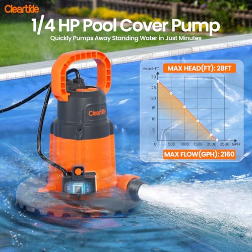 Image of Cleartide Smart Automatic Water Pool Cover Pump, Submersible Pump Removes Water from Inground /Above Ground Winter Swimming Pools, 1 /4 HP 2160 GPH, Auto On /Off & Freeze Protection, 25ft Cord, 120V AC