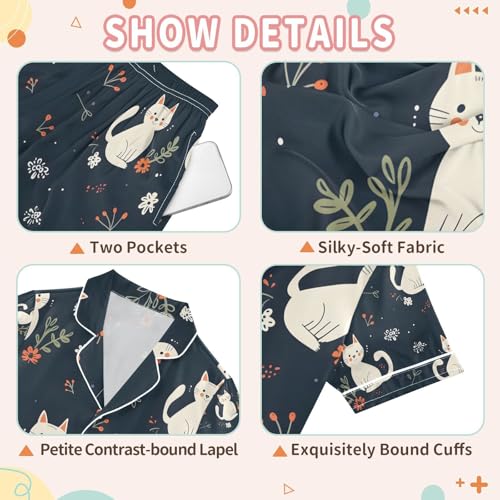 senya Cartoon Cat Flower 1 Satin Summer Pajama Sets Silk Short Sleeve Button Down Sleepwear3