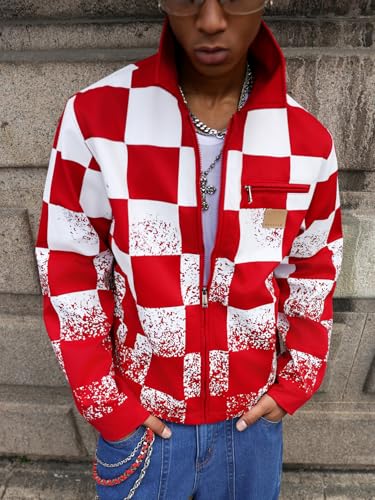 Men's Red and White Plaid Personalized Zipper Cardigan Jacket Coat Breathable Dry Urban Street Casual Trendy Jacket2