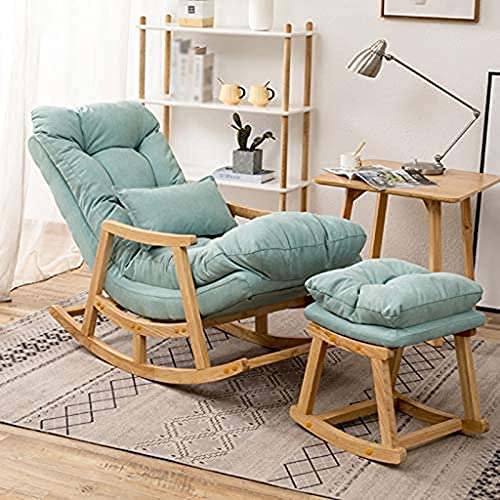 Image of CRAFTCITY Sheesham Wood Elegant Chair with Pillow and Matching Foot Stool /Living Room Chair /Rose Wood Rocking Chair,Pre-Assembled (Sky Blue 1, Rocking Chair with Ottoman)