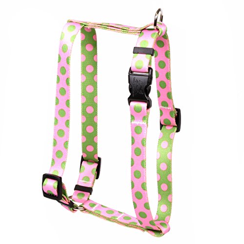 Image of Yellow Dog Design Pink Green Polka Dot Roman H Dog Harness, Small /Medium-3 /4 Wide fits Chest of 14 to 20 inch