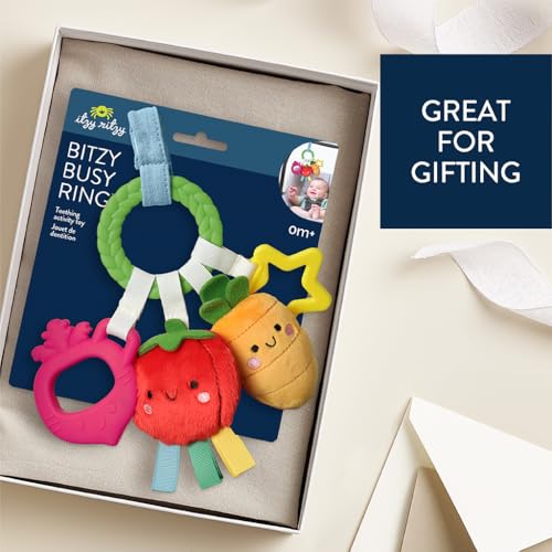 Image of Itzy Ritzy Teething Activity Toy - Bitzy Busy Ring Infant Teething Toy Features Braided Ring & Dangling Toys, Includes Teether, Ribbons, Crinkle Sound & Jingle Bell - 0 Months & Up (Veggie)