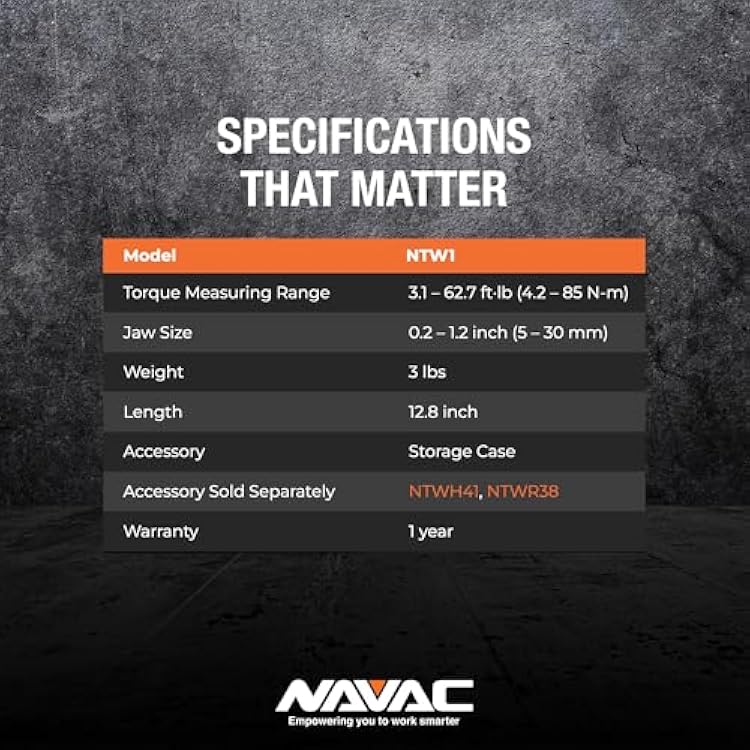 NAVAC NTW1 Digital Torque Wrench - Adjustable Jaw - Digital Readout - Torque Settings Memory - Dual Direction - Selectable Measuring Units - Indicator Lights and Sound -