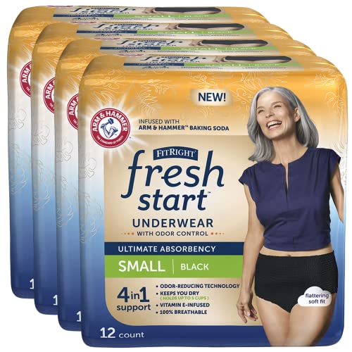 Image of FitRight Fresh Start Incontinence and Postpartum Underwear for Women, Small, Black (48 Count) Ultimate Absorbency, Disposable Underwear with The Odor-Control Power of ARM & HAMMER