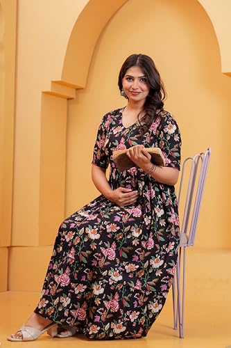 Image of The Moon Star Women's Cotton Floral Printed Anarkali Maternity Feeding Kurti | Breastfeeding Dress for Mothers | Zipper Feeding Kurti, Nursing Kurti, Comfortable and Trendy Maternity Wear