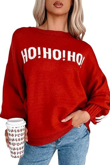 Womens Oversized Sweaters Merry Christmas HO HO HO Drop Shoulder Loose Sweater Long Sleeve Pullover Tops