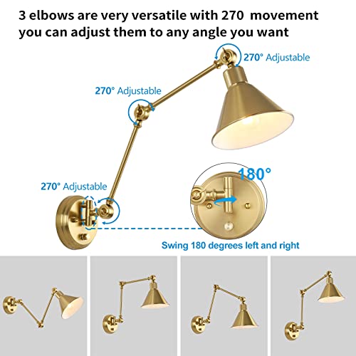 Image of TRLIFE Wall Sconces Plug in, Dimmable Wall Sconces Brushed Brass Swing Arm Wall Lights Plug in Wall Mounted Light Industrial Wall Lights with 6FT Plug in Cord, E26 Base, UL Listed(Two Arms, 2 Pack)