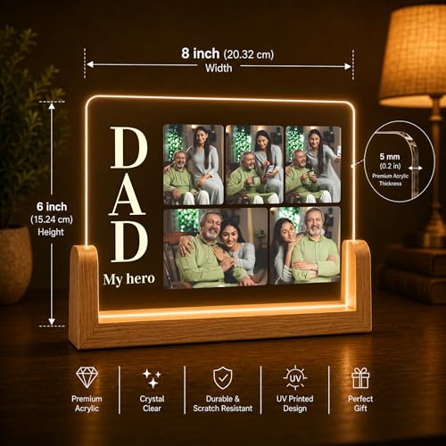 Image of Giftplease Personalized Dad My Hero Acrylic LED Photo Frame with Wooden Base | Customized Multi-Photo Light Lamp for Father's Day, Birthday, Anniversary | Warm Glow Night Light