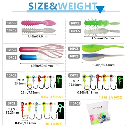 Dovesun 110Pcs Crappie Lures With Jig Heads Hooks Kit- Soft Plastic Grubs-Tubes Bait 80Pcs 1/8 1/16 1/32 Oz 30Pcs Crappie Jigs Fishing Lures Kit For Saltwater Freshwater Fishing /(109Pcs-95Pcs) #TOP3