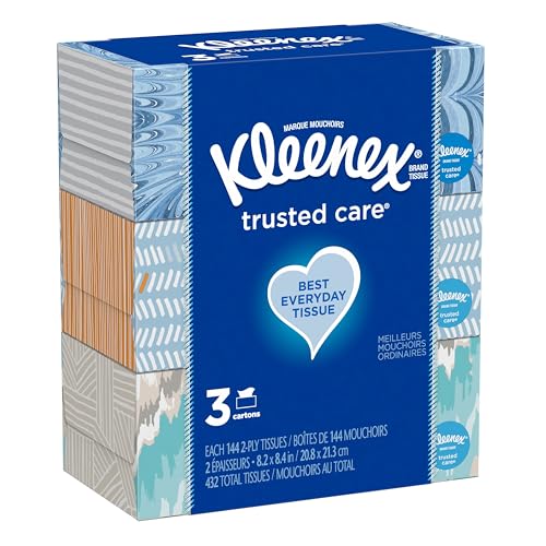 Image of Kleenex Trusted Care Facial Tissues, 3 Flat Boxes, 144 Tissues per Box (432 Total Tissues)