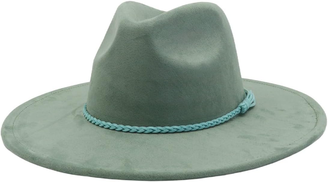 Men Women Suede Top Hat 9.5Cm Wide Brim Jazz Fedora Hat Autumn Winter Warm Felt Church Fascinator Fedoras Hats (Pickled Vegetable Green)