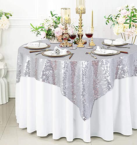 ShinyBeauty Silver Sequin Tablecloth 72x72-Inch Square Table Cloths Sequin Table Overlay for Round Table Silver Sequin Fabric Tablecloth Cover for Wedding/Party/Bridal Shower/Birthday Decoration