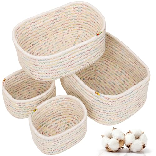VORHOT Juego de 4 Cestas Almacenaje Tejida con Cuerda de Algodón, Cesta Bebe Organizadoras, Cajas Organizadoras Baño Decorativas para Armarios, Salones, Juguetes, Cambiador