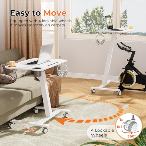 Image of JOY worker Mobile Standing Desk for Treadmill, 31.5 inch Small Pneumatic Height Adjustable Walking Pad Desk, 40 Foldable Rolling Bike Trainer Stand Table on Wheels with Cup Holder & Towel Rack, White