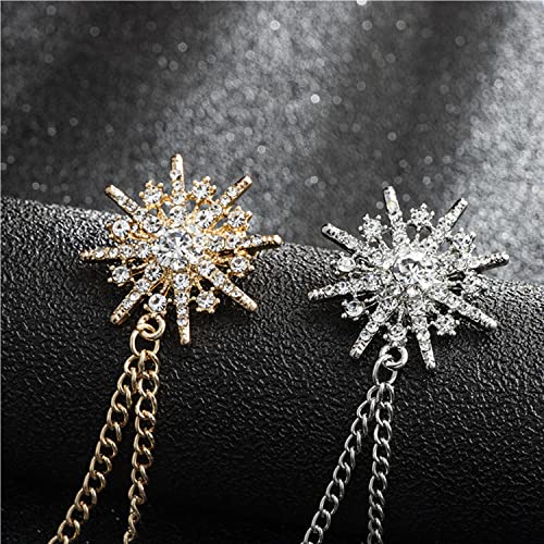 Snowflake Rhinestone Brooches, Hanging Chain Tassel Badge, Gold Silver Snowflake Long-Chain Brooches Shirt Collar Lapel Pin For Men Women Suit Accessories Stage Jewelry (Silver) #TOP6