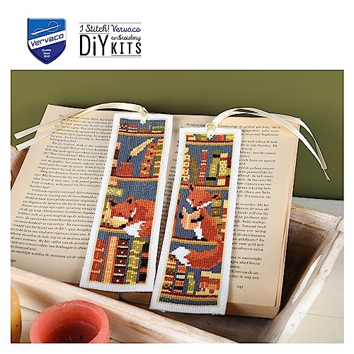 Image of Vervaco Set of 2 Fox Bookmarks in Bookcase, White, Approx. 6 x 20 cm, Set of 2