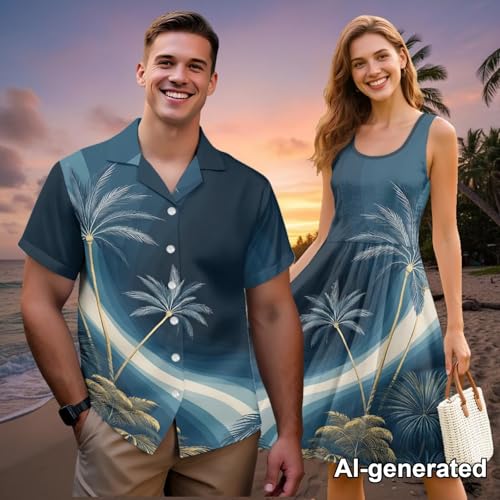 Image of Hawaii Matching Couple Outfits Husband and Wife Clothing Fashionable Mens Casual Shirts Hawaii Dress with Soft Fabric