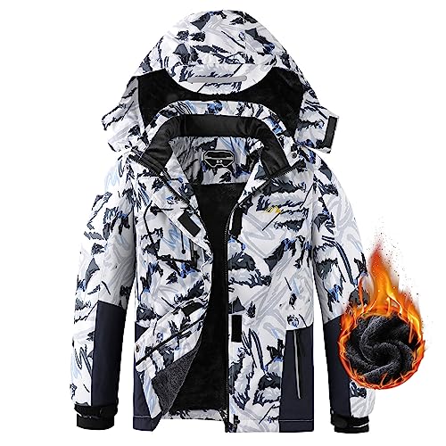 COOKFIP Kids Ski Jacket Waterproof Warm Fleece Hooded Windproof Jacket (14-16, White Snow Mountain)